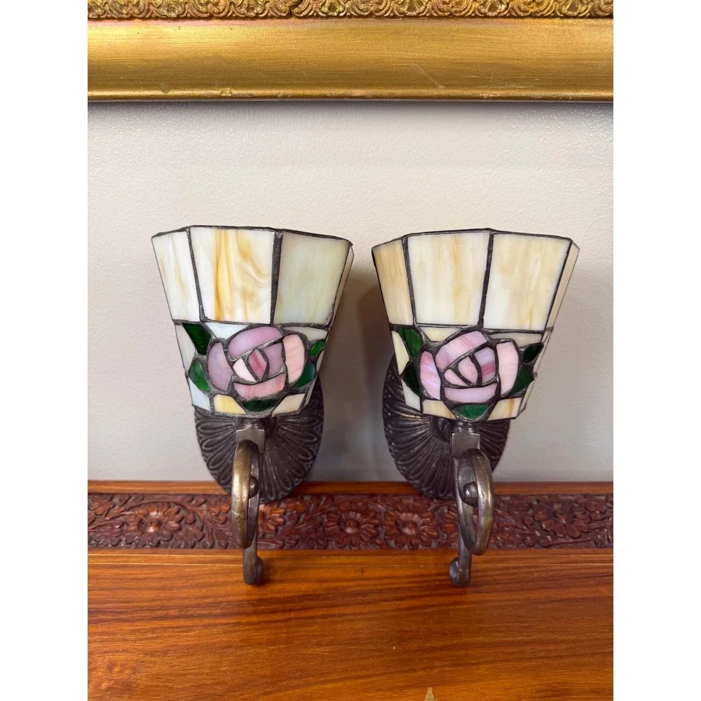 Vintage Stained Glass Rose Wall Sconces Pair Votive Candle Holders Tiffany Style